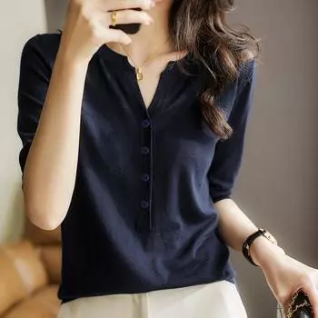 Summer Women s Five Quarter Sleeve V-neck Knitted Top for Women Blouses & Shirts S тёмно-синий