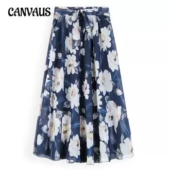 Летняя женская юбка с цветочным принтом и широким подолом, юбка-трапеция, модная юбка S чёрный