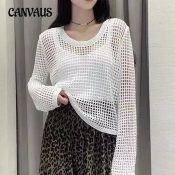 Летний женский ажурный вязаный свитер с круглым вырезом и длинным рукавом, свободный пуловер, топ, модная блузка One Size чёрный