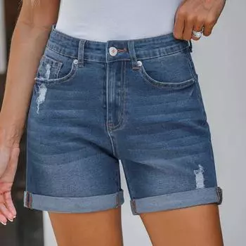Summer Women s Jean Cargo Pants Stretchy High Waisted Ripped Denim Shorts with Distressed Curled Edge Jean Shorts Pantalones De Mujer XXL синий
