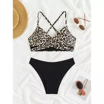 Summer Women s Leopard Patchwork Swimsuit Sexy Back Cross Lace-Up Swimwear High Waist Bikini Set Push Up Bathing Suit Beachwear S коричневый