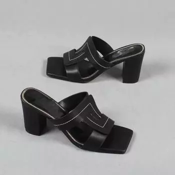 Summer Women s Mules 2024 New Fashion Square Toe Chunky Heels Women s Slippers Party Wedding Women s High Heels Ladies Pumps 35 чёрный