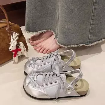 Summer Women s Mules Sandals Fashion Bowknot Slides Ladies 2024 New Designer Slip-on Outdoor Mary Jane Shoes Zapatos De Mujer 35 чёрный