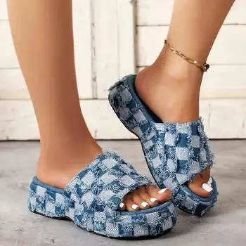 Summer Women s New Thick Soled Denim Sandals Personality European and American Style Large Size 43 Designer Exclusive Design 35 чёрный