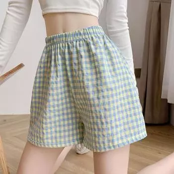 Summer Women s Plaid Pajama Bottoms Summer Soft Thin Loose Shorts Casual Pant for Yoga Gym Running M синий