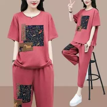 Summer Women s Print Two-Piece Set Loose Fit Short-Sleeve Top and Slim Pants XXXXL чёрный