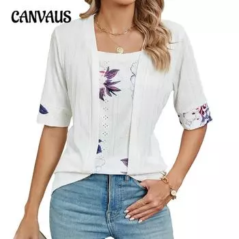 Летняя женская футболка из двух частей с квадратным вырезом и средним рукавом с принтом S белый