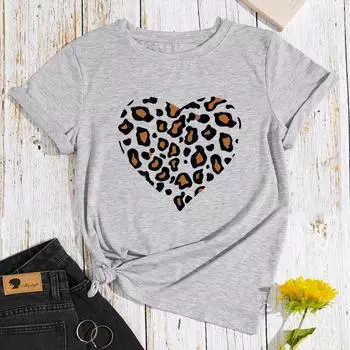 Летняя женская леопардовая принтованная сердечкообразная свободная хлопковая рубашка больших размеров с круглым вырезом и короткими рукавами Футболки женские S светло-серый