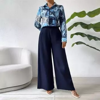 Летняя женская рубашка с длинным рукавом с принтом, однотонный повседневный комплект из широких брюк-клеш S тёмно-синий