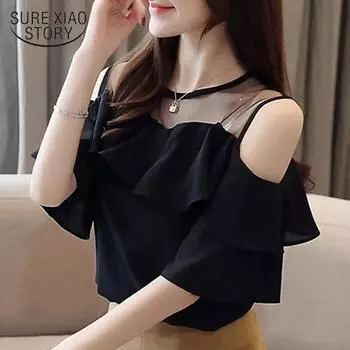 Summer Women s Round Collar Mesh Chiffon Blouse Short Sleeve Ruffles Tops Sexy Off Shoulder Shirt Solid Color Clothes XXL белый