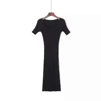 Summer Women s round Neck Short Sleeve Knitting Long Skirt Stretch Skinny Sheath Fashion Wind Tail Goods Plaid Inner Wear Bottoming Skirt Black S