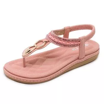 Летние женские сандалии Beach Seaside Metal Rhinestone Flats Большие размеры женской обуви 35 чёрный