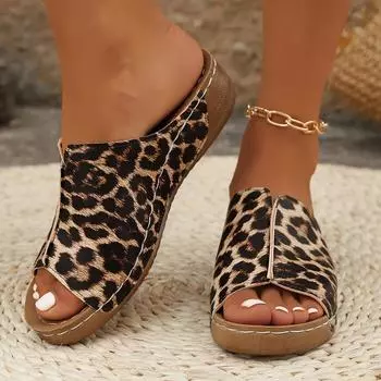 Summer Women s Sandals Open Toe Wedge Leopard Print Breathable Comfortable Sandals Woman Buckle Female Footwear 42EU/CN43 коричневый