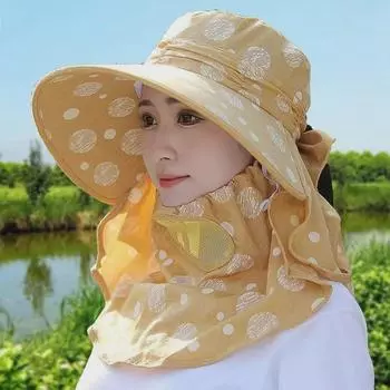 Summer Women s Shawl Outdoor Big Brim Tea Picking Hat Sun Protection Mask Hat Sun Hat Dot Bows Hat Yellow One size