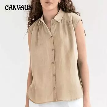 Летняя женская рубашка из хлопка и льна, простая повседневная однотонная блузка без рукавов S хаки