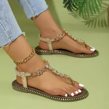 Summer Women s Shoes 2024 High Quality Thong Large Size Fashionable Low Heel Metal Decorated Flower Roman Sandals for Women 36 золотой