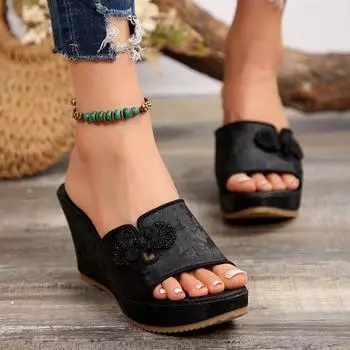 Summer Women s Shoes Fashionable Open Toe Solid Color Women s High Heel Slippers Solid Color Wedge Heel Women s Beach Shoes 35 бежевый