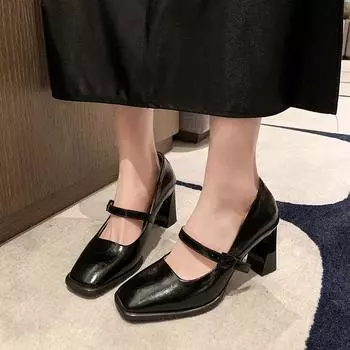 Летняя женская обувь с квадратным носком, толстые босоножки на каблуке, Мэри Джейн 2024, туфли-лодочки с коротким носком, баскетбольная платформа, ретро 35 чёрный