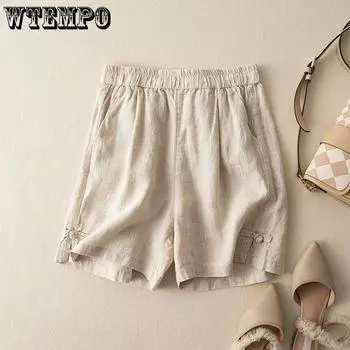 Summer Women s Shorts High Waist Straight Leg Pants Comfortable Breathable Cotton and Linen Casual Pants M чёрный