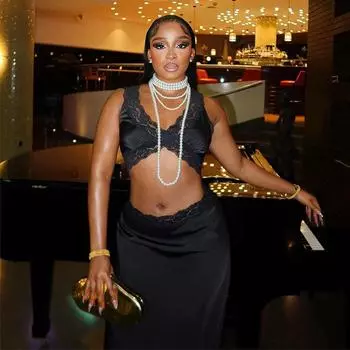 Summer Women s sleeveless lace crop tops Mid-length skirt Top Suit Dress S чёрный