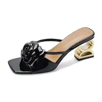 Summer Women s Slippers 2024 New Black Open Toe Shaped Heel High Heels Fashion Slip On Flower Sandals For Women Sandalias Mujer 35 чёрный