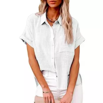 Summer Women s Solid Color Linen Shirt Short Sleeved Casual Loose Shirt 5XL белый