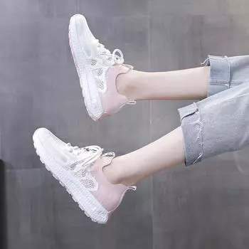 Summer Women s Sports Shoes FashionThick-soled Casual Shoes Women Knitted Mesh Running Shoes Outdoor Lace Up Breathable Sneakers 36 розовый