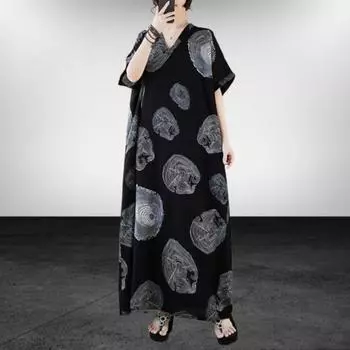 Summer Women s Straight Skirt V-neck Loose Thin Tree Print Dress One Size чёрный