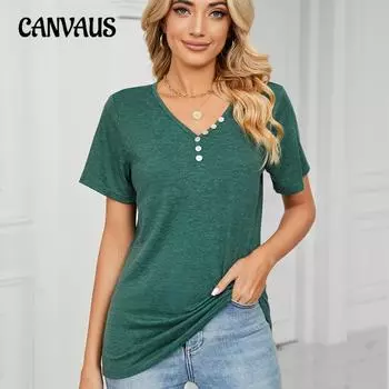 Летняя женская футболка, однотонная пуговица, свободный топ с v-образным вырезом и короткими рукавами S чёрный