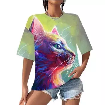 Летняя женская футболка с цифровой печатью Милый кот С коротким рукавом Круглый вырез Топ Футболки Женские S