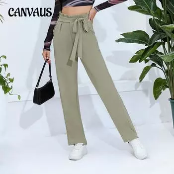 Летние женские однотонные брюки с завязками и высокой талией для поездок на работу в повседневном стиле S зелёный