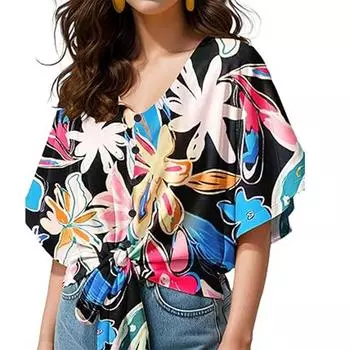 Летняя женская V-образная горловина Модная большая цветочная свободная рубашка с короткими рукавами и застежкой на пуговицы Футболки женские S чёрный