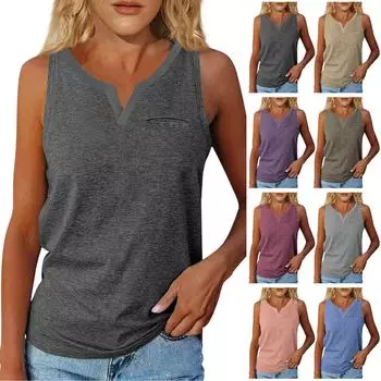 Summer Women s V-Neck Sleeveless Cuff Solid Color Pocket Casual Street Style T-Shirt Top Vest L розовый
