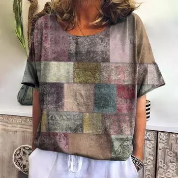 Summer Women s V-neck T-shirt Casual Fashion Short Sleeve Tops New Plaid Pattern Harajuku Style Oversize Loose Women s Clothing S