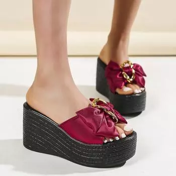 Летние женские босоножки на танкетке, модные атласные банты, дизайнерские тапочки с круглым носком и открытым носком, повседневные тапочки на толстой подошве, Zapatillas Mujer 35 бежевый