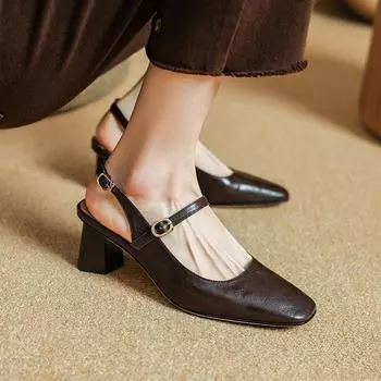 Летние женские сандалии из натуральной кожи, женские туфли с закрытым носком и толстым каблуком, сандалии с открытой пяткой и квадратным носком, гладиаторские туфли 34 коричневый