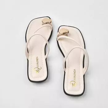 Summer Women Sandals Narrow Band Fashion Metal Decoration Low Heel Slip on Women Slipper Elegant Slides Outdoor Beach Flip Flop 35( insole 22.5cm)