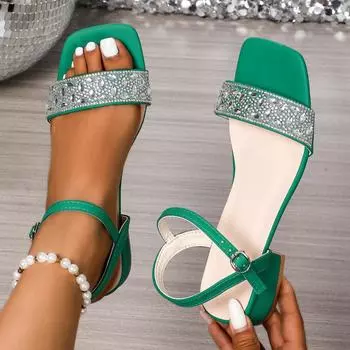 Summer Women Sandals New Elegant Square Heel Rhinestone Women Shoes Plus Big Fashion Comfortable High Heels Sandals 35 бежевый