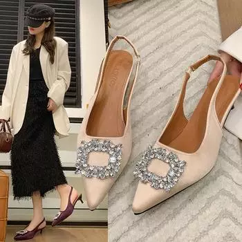Летние женские сандалии с острым носком, неглубокие, телесно-розовые туфли с бриллиантами, на низком каблуке, с ремешками сзади, женские туфли для платья 35