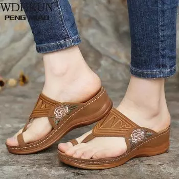 Летние женские сандалии в римском стиле с вышивкой в стиле ретро, однотонные женские сандалии на танкетке, пляжные классические женские туфли без шнуровки на платформе, женская обувь для воды 35 розовый