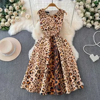 Летние женские сексуальные вечерние платья без рукавов с леопардовым принтом S леопардовый