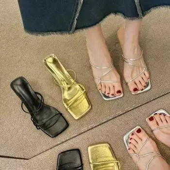 Летняя женская обувь 2024 года, модные женские тапочки с квадратным носком, сексуальные шлепанцы на высоком каблуке, простые универсальные туфли на выпускной Zapatos De Mujer 34 чёрный