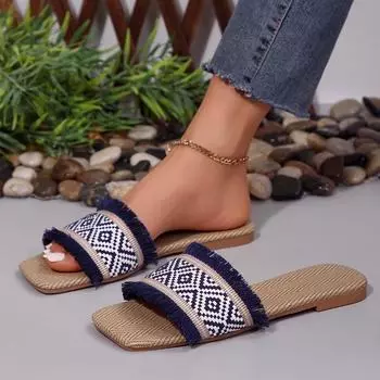 Summer Women Shoes Outdoor Woman Slippers Hot Sale Modern Slippers Fashion Ladies Square Toe Low Heel Sandals Plus Size 43 36 бежевый