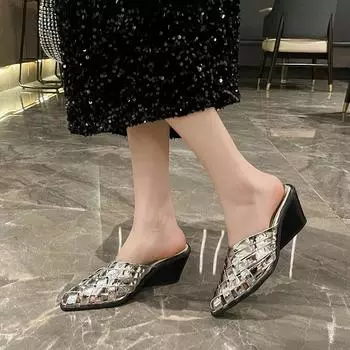 Summer Women Slippers Pointed Toe Slip On Ladies Shoes Fashion Lightweight Weave Slippers Platform Wedge Sandals Slides women 35