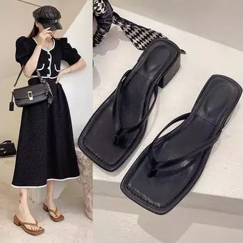 Summer Women Square High Heels Slides Mules Sweet Female Open Toe Slippers Mujer Shoes Indoor Rubber Sexy Flip Flops Slides 35