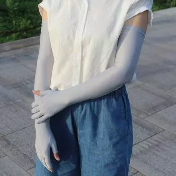 Summer Women Sun Protection Gloves Lengthened Thin UV Protection Elastic Breathable Open Finger Touch Screen Tight Fishing Writing Autumn Female Long 55cm Gray