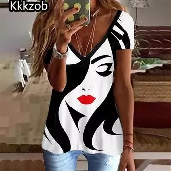 Summer Women T Shirt Stripes Print Gradient Clothing V Neck Short Sleeve Basic Tops Streetwear Fashion Oversized Girls T-Shirts S