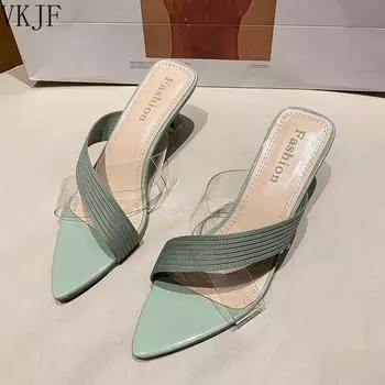 Summer Women Yellow Green Beige Pumps Sandals For Ladies Sexy Mules High Heels Slip-on Slippers Slides Shoes New 2024 35 бежевый