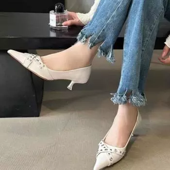 Summer Womens New Pointed Toe Sexy PU Leather Solid Color Slip-on Women s Sandals Luxury Party Slingback Brand Womens High Heels 34 бежевый