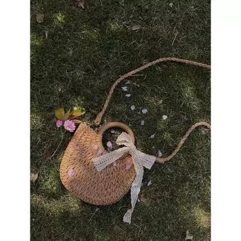 Summer Woven Bag Women Niche Design Semicircle Straw Bag Leisure Holiday Style Beach Bag Women Portable Messenger Bag Khaki